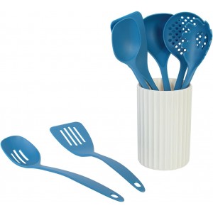 Glad Kitchen Utensils Set, 8pcs - Nonstick Cooking Tools with Utensil Holder - Nylon Spoon, Ladle, Skimmer, Spaghetti Server, and Turner Spatula Set - Dishwasher Safe, Blue
