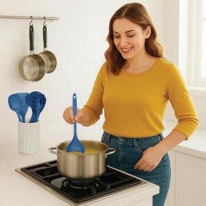 Glad Kitchen Utensils Set, 8pcs - Nonstick Cooking Tools with Utensil Holder - Nylon Spoon, Ladle, Skimmer, Spaghetti Server, and Turner Spatula Set - Dishwasher Safe, Blue