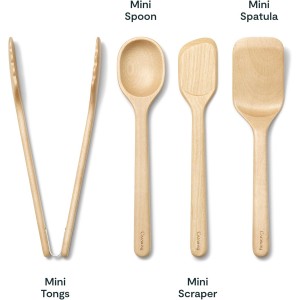 Caraway 4-Piece Mini Wooden Kitchen Utensils Set for Cooking, Serving, and Plating - Includes Mini Spoon, Scraper, Spatula, and Tongs