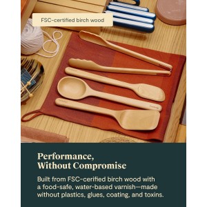 Caraway 4-Piece Mini Wooden Kitchen Utensils Set for Cooking, Serving, and Plating - Includes Mini Spoon, Scraper, Spatula, and Tongs