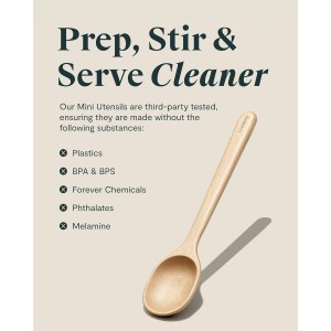 Caraway 4-Piece Mini Wooden Kitchen Utensils Set for Cooking, Serving, and Plating - Includes Mini Spoon, Scraper, Spatula, and Tongs