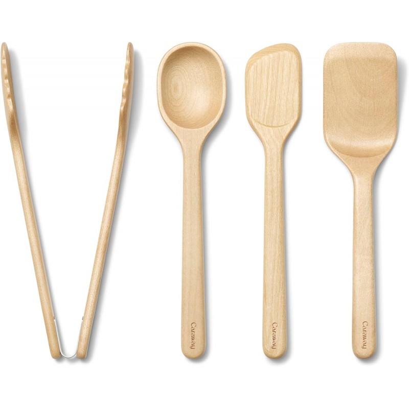 Caraway 4-Piece Mini Wooden Kitchen Utensils Set for Cooking, Serving, and Plating - Includes Mini Spoon, Scraper, Spatula, and Tongs