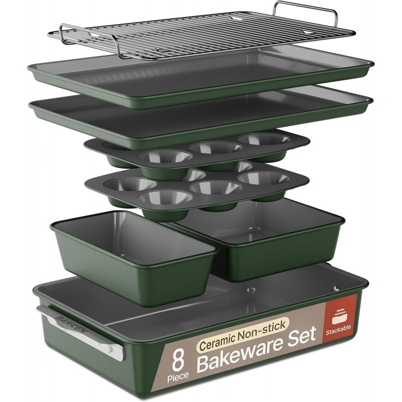 Bakken 8-Piece Ceramic Coated Bakeware Sets, Nonstick Aluminized Steel Pans with Muffin, Loaf, Cake, Roasting Pan, & Cooling Rack, Oven Safe Up To 500°F, Dishwasher Safe, BPA, PTFE & PFAS Free, Green