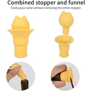 2pcs Wine Stoppers, PVC Durable Cute Cat Head Design Funny Silicone Kitten Wine Corks and Funnel Replacements Practical Bottle Pourer Accessories Suitable for Home Kitchen Tool Bar Gadgets (Yellow)