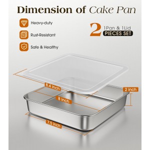 8 x 8-Inch Baking Pan with lid, 304 Stainless Steel Square Cake Pan, Commercial Grade Bakeware for Cakes Brownies Casseroles, Thicker Rectangle Sheet Cake Pans, Non-toxic & Heavy Duty &Dishwasher Safe