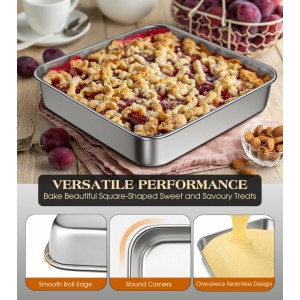 8 x 8-Inch Baking Pan with lid, 304 Stainless Steel Square Cake Pan, Commercial Grade Bakeware for Cakes Brownies Casseroles, Thicker Rectangle Sheet Cake Pans, Non-toxic & Heavy Duty &Dishwasher Safe