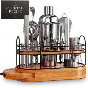 Mixology Bartender Kit - 22Pcs Bar Set Cocktail Shaker Set w Brown Bar Cart Accessories Stand - Shakers Bartending Silver Tools, 24oz Shaker, 17 Recipe Cards, Martini Barware