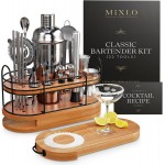 Mixology Bartender Kit - 22Pcs Bar Set Cocktail Shaker Set w Brown Bar Cart Accessories Stand - Shakers Bartending Silver Tools, 24oz Shaker, 17 Recipe Cards, Martini Barware