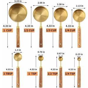 Measuring Cups and Spoons Set 8-Piece, Food-Grade Golden Nonstick with Non-Slip Wooden Handle, Engraved US/Metric Markings for Cooking Baking