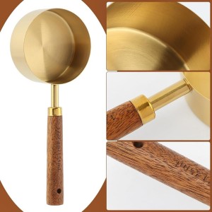 Measuring Cups and Spoons Set 8-Piece, Food-Grade Golden Nonstick with Non-Slip Wooden Handle, Engraved US/Metric Markings for Cooking Baking