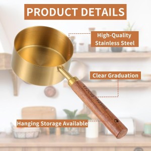 Measuring Cups and Spoons Set 8-Piece, Food-Grade Golden Nonstick with Non-Slip Wooden Handle, Engraved US/Metric Markings for Cooking Baking