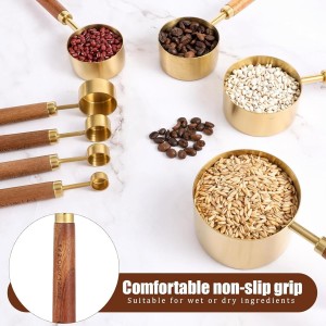 Measuring Cups and Spoons Set 8-Piece, Food-Grade Golden Nonstick with Non-Slip Wooden Handle, Engraved US/Metric Markings for Cooking Baking