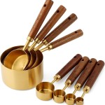 Measuring Cups and Spoons Set 8-Piece, Food-Grade Golden Nonstick with Non-Slip Wooden Handle, Engraved US/Metric Markings for Cooking Baking