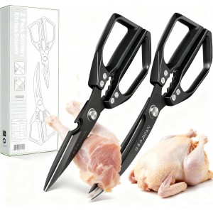 2-Piece Heavy Duty Kitchen Scissors Professional Stainless Steel Meat & Poultry Shears for Cutting Chicken Bones with Ergonomic Comfort Grip, Dishwasher Safe Cooking Scissors for Kitchen & BBQ Black