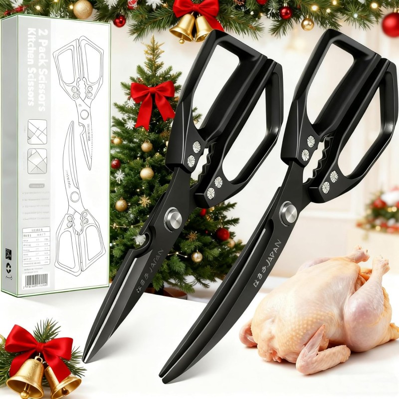 2-Piece Heavy Duty Kitchen Scissors Professional Stainless Steel Meat & Poultry Shears for Cutting Chicken Bones with Ergonomic Comfort Grip, Dishwasher Safe Cooking Scissors for Kitchen & BBQ Black