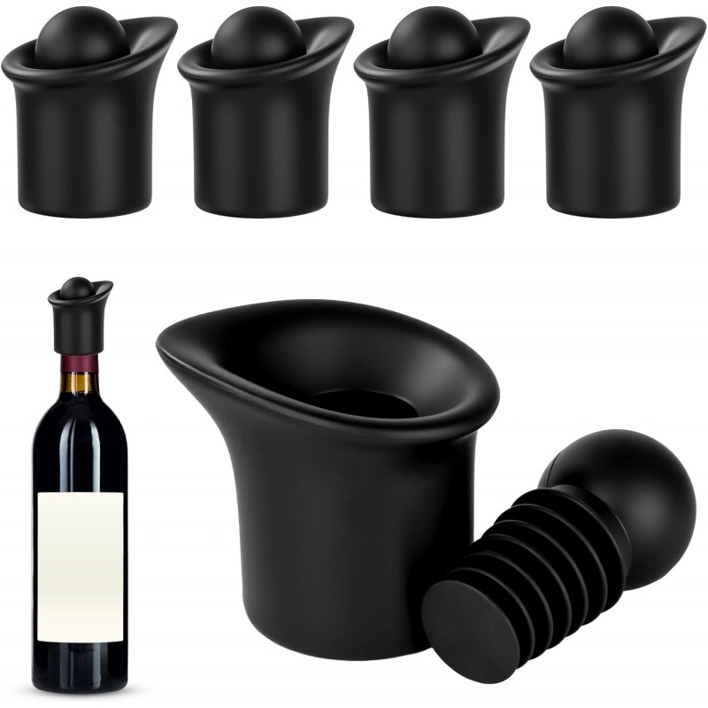 4pcs Black Wine Stopper，Red Wine Saver for Red Wine, Baijiu and Champagne with Filtration Pouring Function