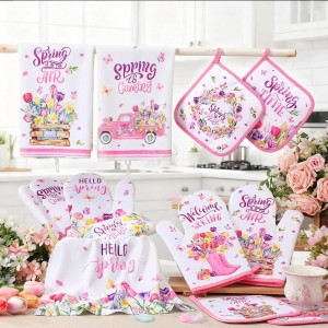 12 Pcs Spring Kitchen Towels Pot Holders and Oven Mitts Set 4 Tulip Dish Towels 4 Flower Oven Mitts 4 Floral Plant Potholders for Xmas Dish Baking Decorative