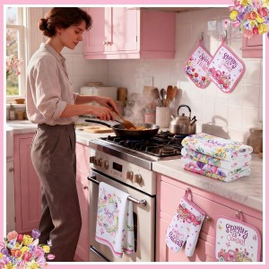 12 Pcs Spring Kitchen Towels Pot Holders and Oven Mitts Set 4 Tulip Dish Towels 4 Flower Oven Mitts 4 Floral Plant Potholders for Xmas Dish Baking Decorative