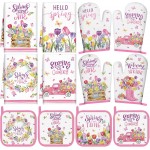 12 Pcs Spring Kitchen Towels Pot Holders and Oven Mitts Set 4 Tulip Dish Towels 4 Flower Oven Mitts 4 Floral Plant Potholders for Xmas Dish Baking Decorative