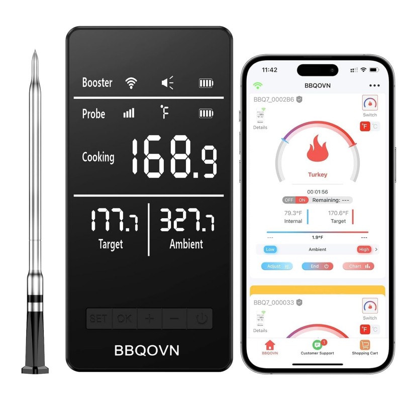 Smart WiFi Wireless Meat Thermometer, Sub-1G Long Range 1000FT, 7 NIST Certified Sensors in 1 Thin Probe ±0.5℉ Accuracy, Standalone Base with Large LED Screen for BBQ Grill Smoker Oven-Black