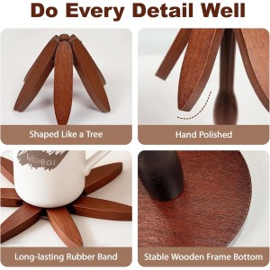 Wooden Tree Trivets for Hot Dishes, Foldable Kitchen Wooden Trivet for Pan, Pot, Bowl, Teapot, Hot Pot Holder, 5 Walnut Wood + 1 Stand stored Like a Christmas Tree (Walnut)