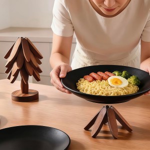 Wooden Tree Trivets for Hot Dishes, Foldable Kitchen Wooden Trivet for Pan, Pot, Bowl, Teapot, Hot Pot Holder, 5 Walnut Wood + 1 Stand stored Like a Christmas Tree (Walnut)