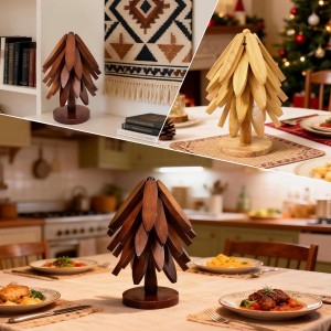 Wooden Tree Trivets for Hot Dishes, Foldable Kitchen Wooden Trivet for Pan, Pot, Bowl, Teapot, Hot Pot Holder, 5 Walnut Wood + 1 Stand stored Like a Christmas Tree (Walnut)