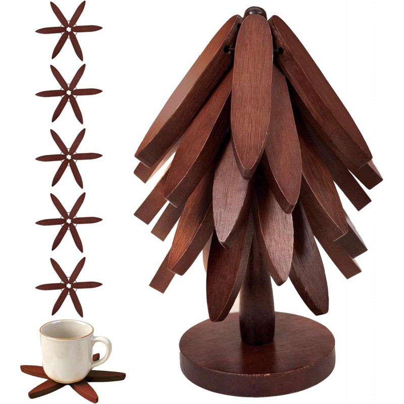 Wooden Tree Trivets for Hot Dishes, Foldable Kitchen Wooden Trivet for Pan, Pot, Bowl, Teapot, Hot Pot Holder, 5 Walnut Wood + 1 Stand stored Like a Christmas Tree (Walnut)