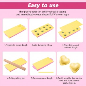 6 Pcs Ravioli Mold Set, Heart-Shaped Ravioli Maker​, Dumpling Press​, Wooden Rolling Pin​, Rolling Cutter, Dough Cutter​, Filling Spoon, for Home and Restaurant (COLOR:Pink)