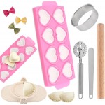 6 Pcs Ravioli Mold Set, Heart-Shaped Ravioli Maker​, Dumpling Press​, Wooden Rolling Pin​, Rolling Cutter, Dough Cutter​, Filling Spoon, for Home and Restaurant (COLOR:Pink)