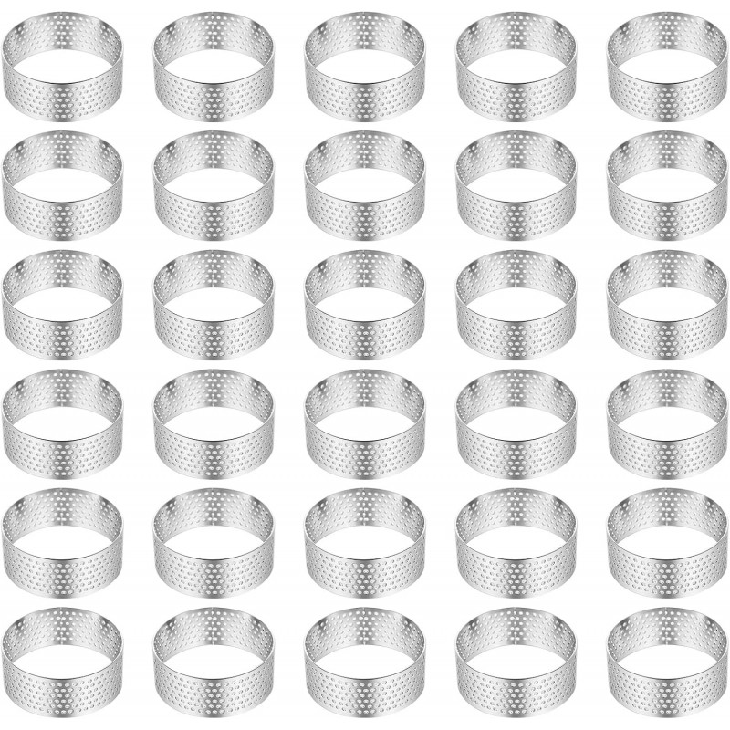 30 Pack 2 Inch Stainless Steel Tart Rings, Heat-Resistant Perforated Cake Mousse Ring, Round Rings Baking Doughnut Tools Small Fruit Tarte Ring Molds for Cooking Dessert