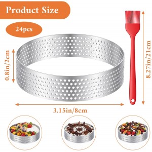 24PCS Perforated Tart Rings, 3.15 Inch Stainless Steel Round Cake Rings with Brush, Kitchen Metal Cookie Baking Ring Molds for Pastry French Dessert Mousse Food Crisp
