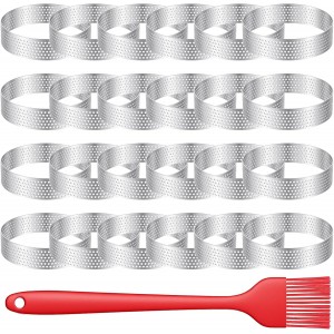 24PCS Perforated Tart Rings, 3.15 Inch Stainless Steel Round Cake Rings with Brush, Kitchen Metal Cookie Baking Ring Molds for Pastry French Dessert Mousse Food Crisp