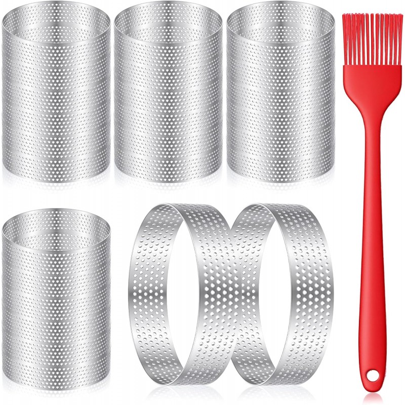 24PCS Perforated Tart Rings, 3.15 Inch Stainless Steel Round Cake Rings with Brush, Kitchen Metal Cookie Baking Ring Molds for Pastry French Dessert Mousse Food Crisp