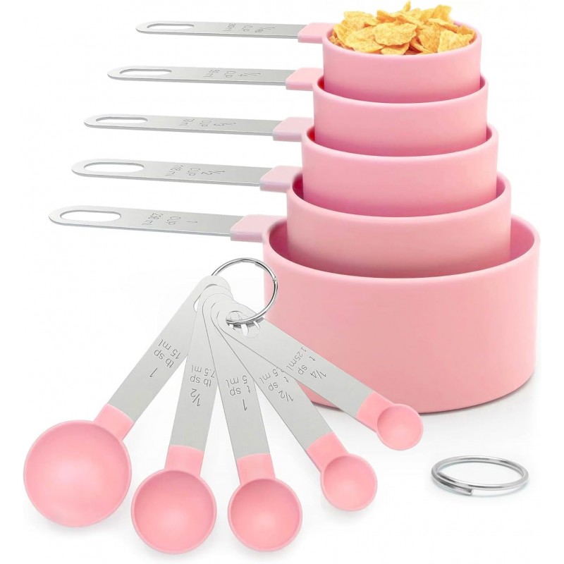 Measuring Cups and Spoons Set, 10 Pieces Stackable Measure Tools with Stainless Steel Handles, Kitchen Gadgets for Cooking & Baking (Pink)