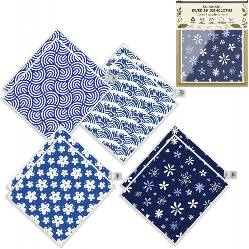 Swedish Dishcloths for Kitchen 8 Pack, Dish Towels with Clips Super Absorbent Cellulose Dish Cloths, Non-Scratch Reusable Paper Towels Washable, No Odor, Biodegradable, Dishwasher Safe