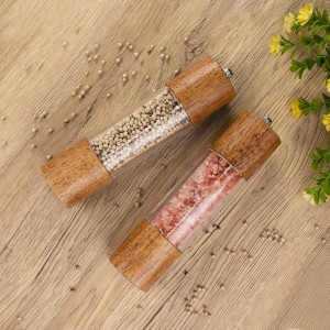 2 Pack Salt and Pepper Grinder Set, Premium Acrylic Salt and Pepper Mills - Manual Oak Wooden Shakers with Adjustable Ceramic Core-8 Inches