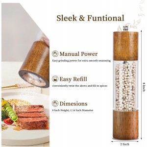 2 Pack Salt and Pepper Grinder Set, Premium Acrylic Salt and Pepper Mills - Manual Oak Wooden Shakers with Adjustable Ceramic Core-8 Inches