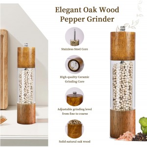 2 Pack Salt and Pepper Grinder Set, Premium Acrylic Salt and Pepper Mills - Manual Oak Wooden Shakers with Adjustable Ceramic Core-8 Inches