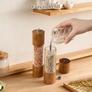 2 Pack Salt and Pepper Grinder Set, Premium Acrylic Salt and Pepper Mills - Manual Oak Wooden Shakers with Adjustable Ceramic Core-8 Inches