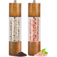 2 Pack Salt and Pepper Grinder Set, Premium Acrylic Salt and Pepper Mills - Manual Oak Wooden Shakers with Adjustable Ceramic Core-8 Inches