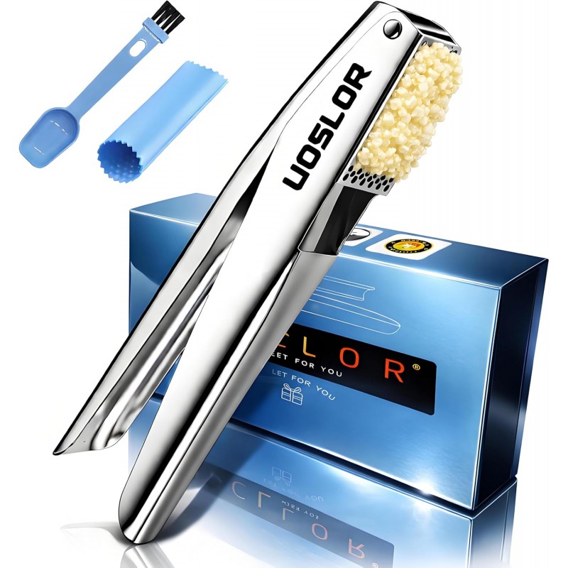 Garlic Press Heavy Duty Mincer and Peeler Set, Rust Proof 304 Stainless Steel Garlic Crusher, Easy-Squeeze Nut Ginger Chopper, Dishwasher Safe Kitchen Gadget