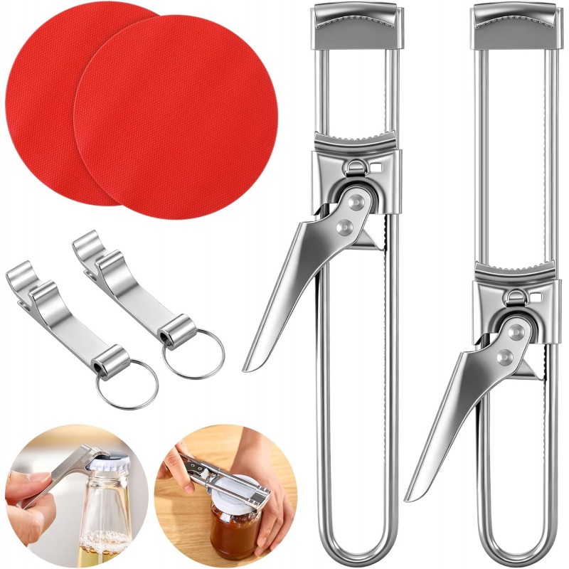 2 Pack Jar Opener, Jar Openers for Seniors with 2 Keychain Bottle Beer Opening, Adjustable Stainless Steel Can Open With Gripper Pad. Kitchen Gadgets for Party, Holiday, Easy for Kid, Seniors