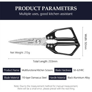 XINZUO Sharp Kitchen Scissors with Black Handle,110 Layers Damascus Steel Multipurpose Heavy Duty Kitchen Shears for Poultry/Vegetables/Fish/Nuts