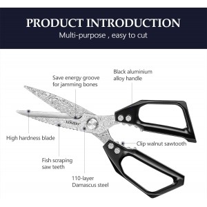 XINZUO Sharp Kitchen Scissors with Black Handle,110 Layers Damascus Steel Multipurpose Heavy Duty Kitchen Shears for Poultry/Vegetables/Fish/Nuts