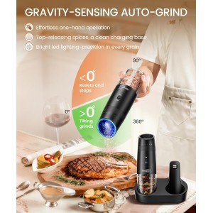 Ringco Gravity Electric Salt and Pepper Grinder Set with Charging Base, Automatic Gravity Salt and Pepper Mill with Adjustable Coarseness, LED Light, 135ml Large Capacity, Gifts for Women