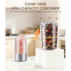 Ringco Gravity Electric Salt and Pepper Grinder Set with Charging Base, Automatic Gravity Salt and Pepper Mill with Adjustable Coarseness, LED Light, 135ml Large Capacity, Gifts for Women