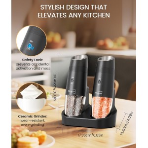 Ringco Gravity Electric Salt and Pepper Grinder Set with Charging Base, Automatic Gravity Salt and Pepper Mill with Adjustable Coarseness, LED Light, 135ml Large Capacity, Gifts for Women