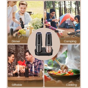 Ringco Gravity Electric Salt and Pepper Grinder Set with Charging Base, Automatic Gravity Salt and Pepper Mill with Adjustable Coarseness, LED Light, 135ml Large Capacity, Gifts for Women