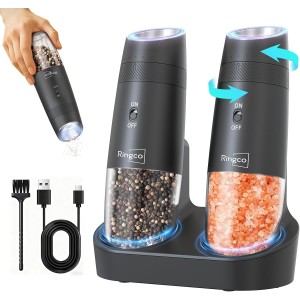Ringco Gravity Electric Salt and Pepper Grinder Set with Charging Base, Automatic Gravity Salt and Pepper Mill with Adjustable Coarseness, LED Light, 135ml Large Capacity, Gifts for Women
